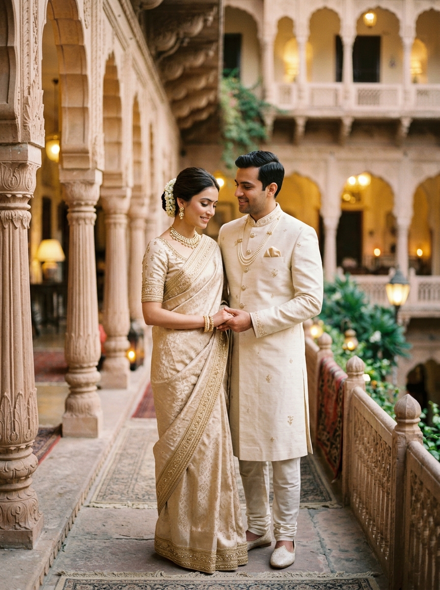 Elegant Indian couple in luxury wedding attire